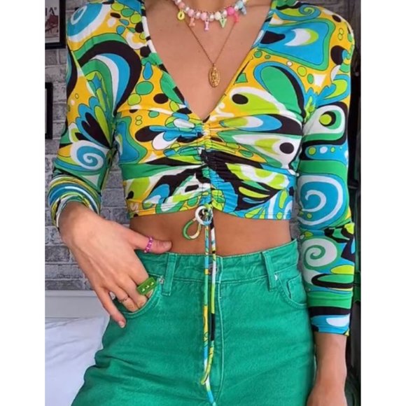 Zara 60s 70s Printed Crop Top Small - Picture 2 of 11
